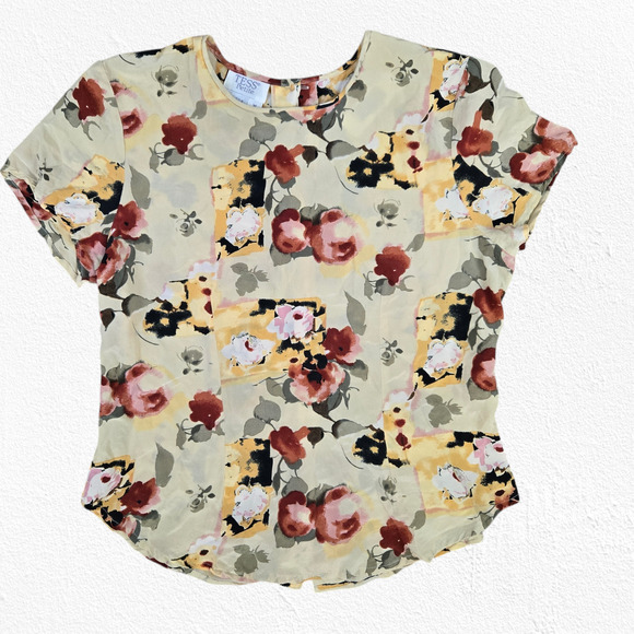 90s Vintage Yellow Floral Short Sleeve Silk Button Semi Sheer Blouse Size Medium - Picture 1 of 5
